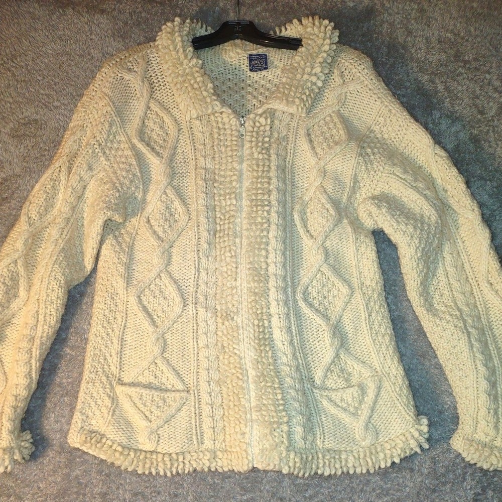 Tejidos Imalaya Wool Cable Knit Zip Up Sweater Jacket Cream Cozy Fall Office